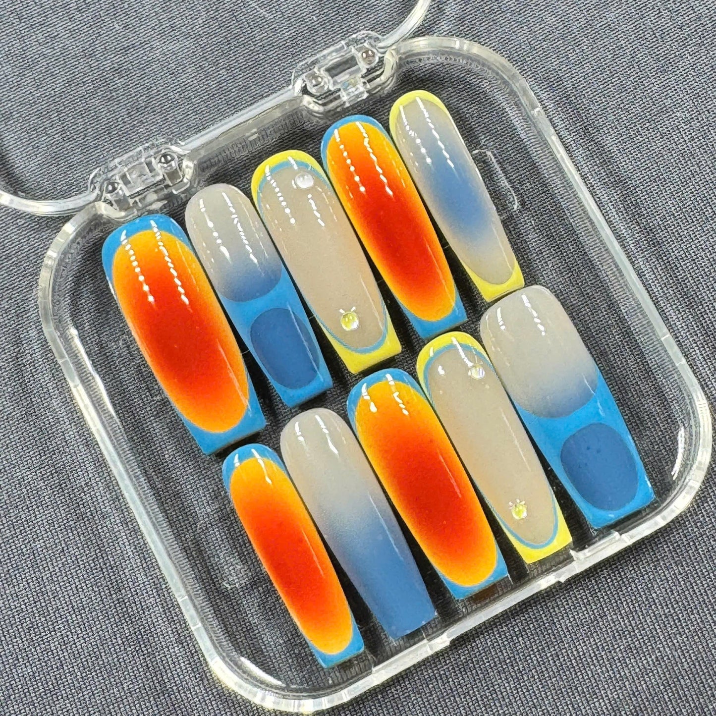 Sunset Mirage Press-On Nails – Red Orange Blue Gradient with Yellow Edges and Gloss Finish | Handmade Nails for Summer or Vacay Vibes