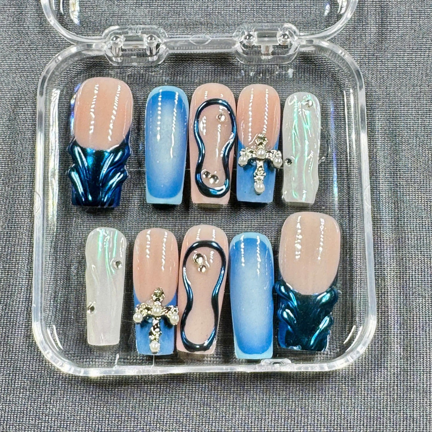 Celestial Glaze Press On Nails – Blue Chrome Waves, Crystal Cross & Pearl Shine | Gift for Her