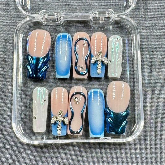 Celestial Glaze Press On Nails – Blue Chrome Waves, Crystal Cross & Pearl Shine | Gift for Her
