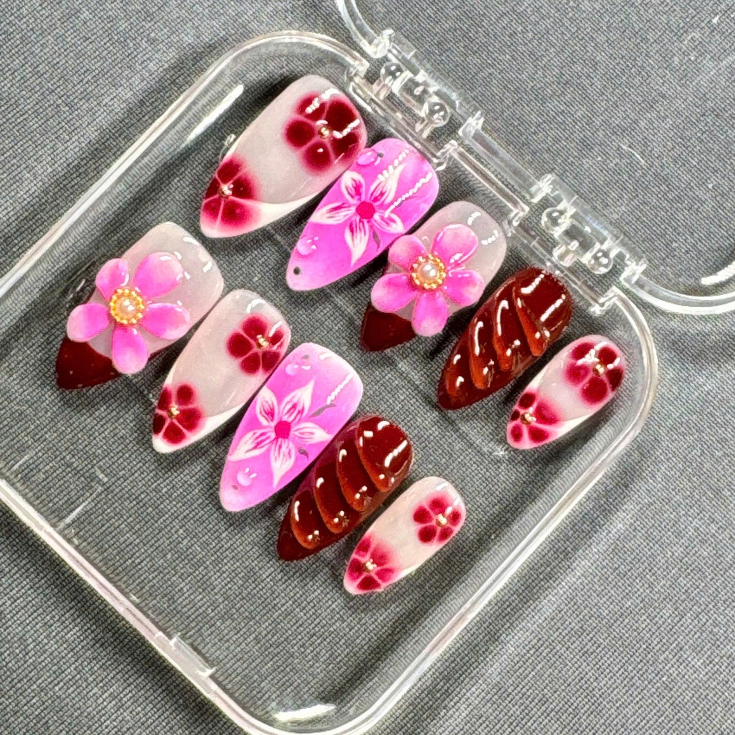 Rosé Bloom Press On Nails – Wine Pink Gradient with Handcrafted Flowers and Glossy Sculpted Tips | Gift for Her