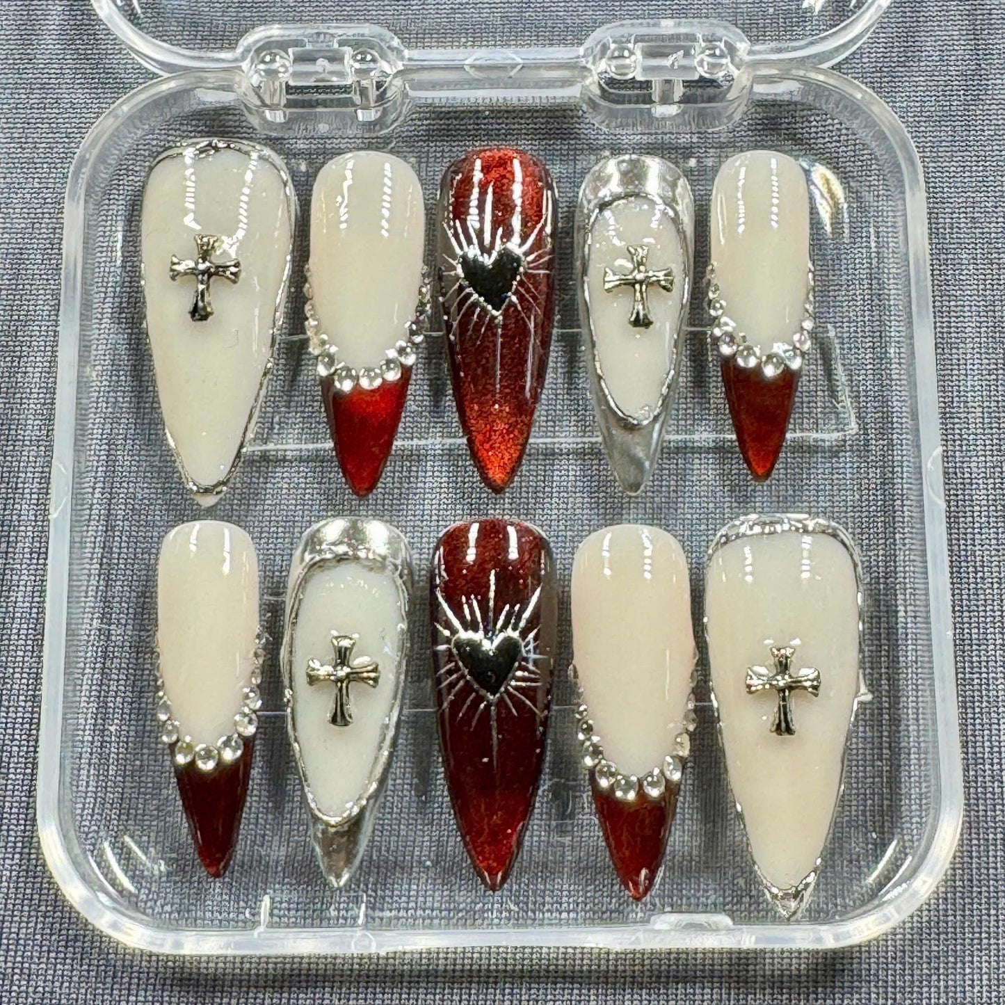 Crimson Faith Press-On Nails – Red Chrome French Tips with Cross Charms Black Heart Accent and Silver Beads | Handmade Gothic Nails