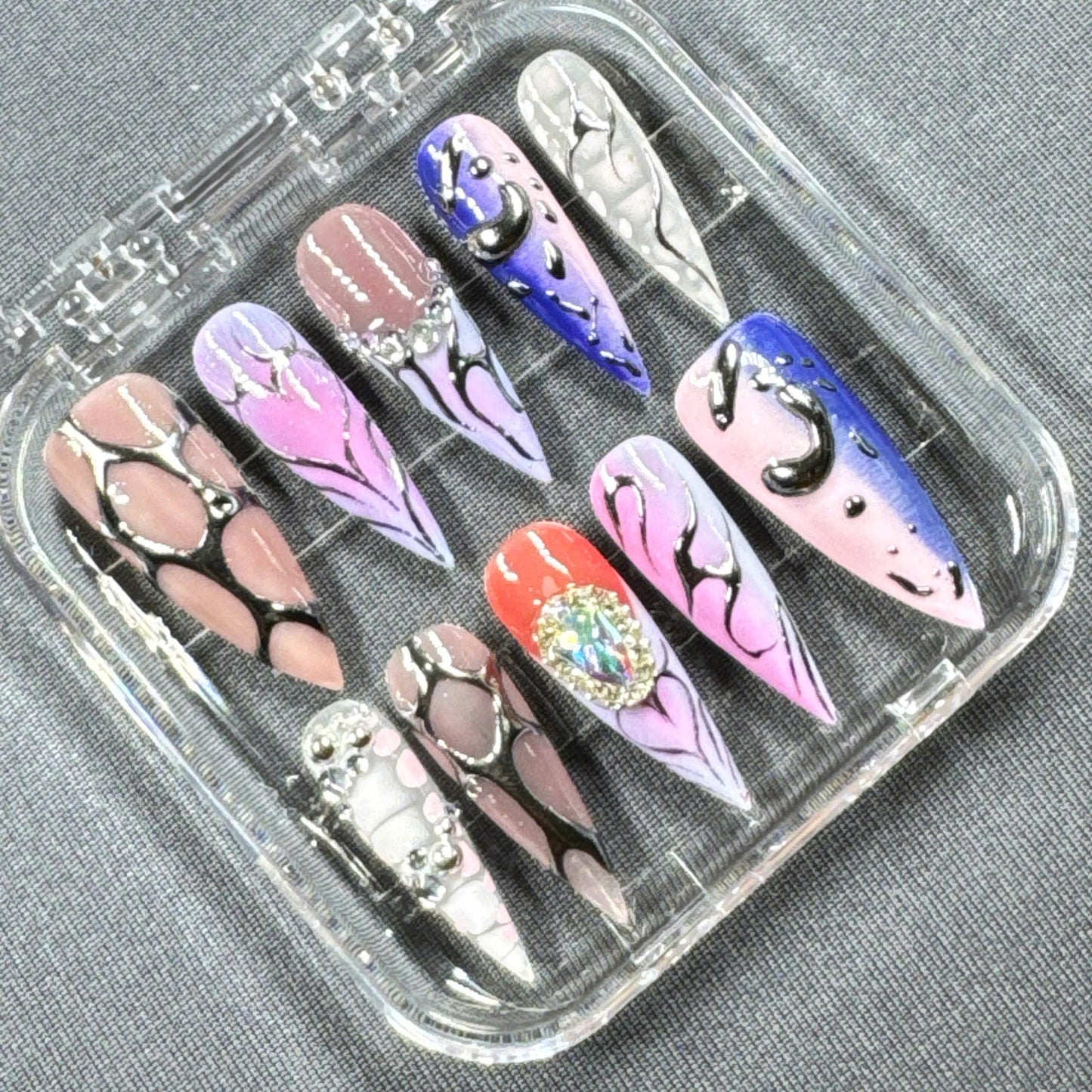 Galaxy Drip Press-On Nails – 3D Chrome, Abstract Art & Rhinestones | Handmade Nails for Bold Glam Looks