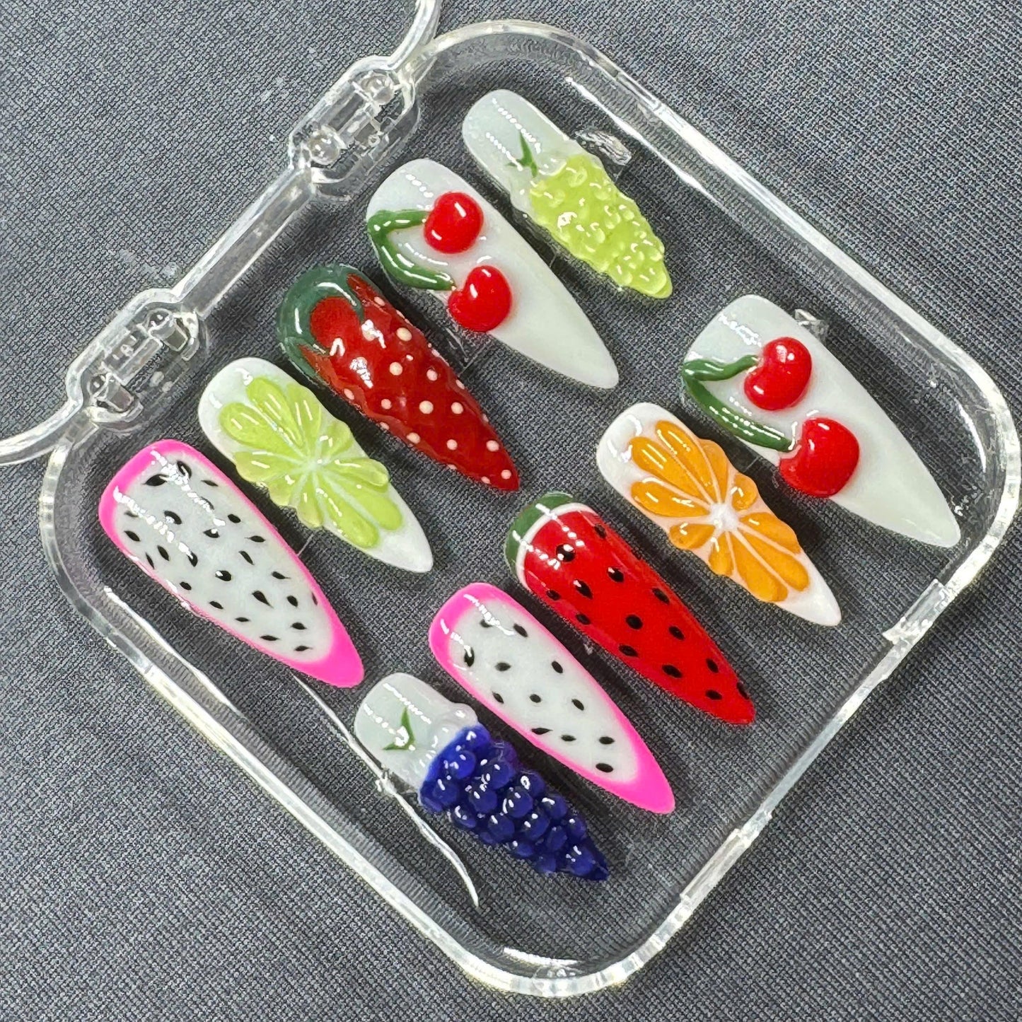 Fruit Cocktail Press On Nails – 3D Summer Fruit Design with Berries, Cherries & Citrus Pop | Gift for Her