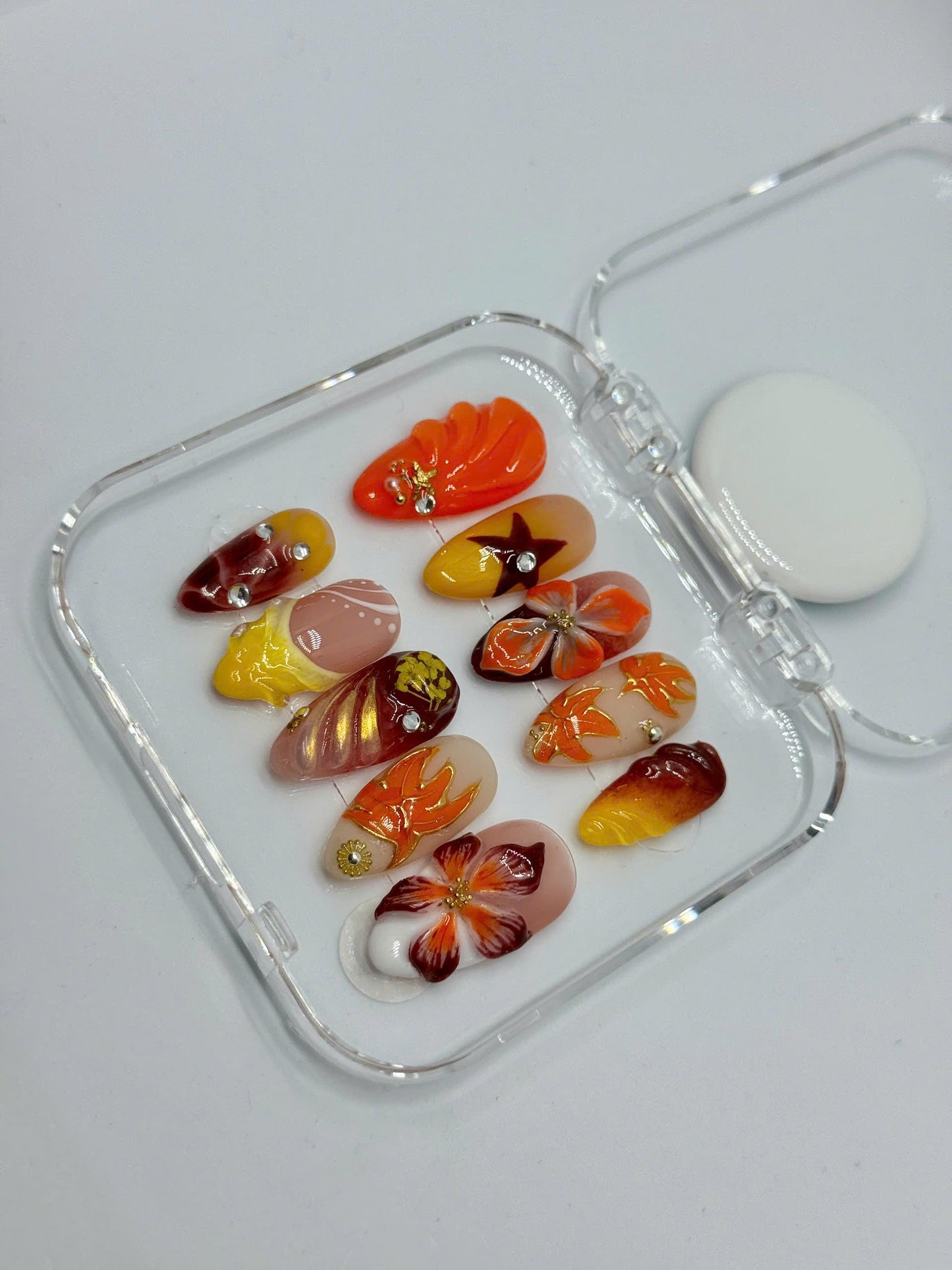 Autumn Blaze Press-On Nails – 3D Floral & Leaf Designs in Orange, Red Gold | Handmade Nails for Fall, Thanksgiving, or Gift for Her