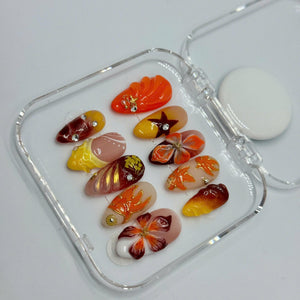 Autumn Blaze Press-On Nails – 3D Floral & Leaf Designs in Orange, Red Gold | Handmade Nails for Fall, Thanksgiving, or Gift for Her