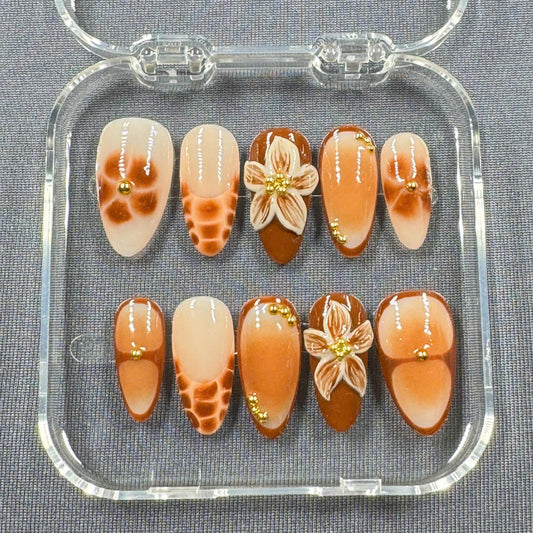 Caramel Blossom Press On Nails – Hand Sculpted Florals and Giraffe Print Accents | Gift for Her