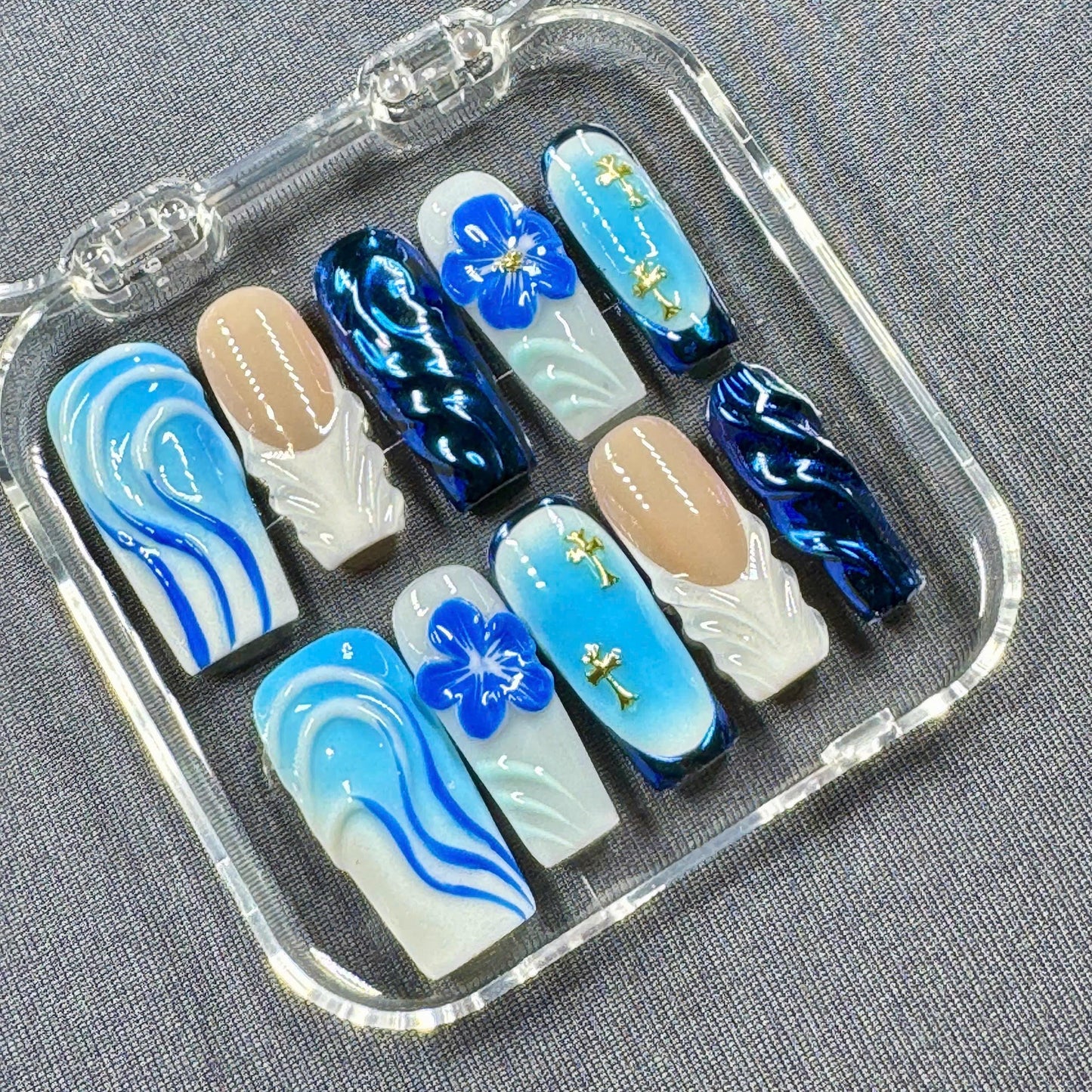 Ocean Bloom Press On Nails – Blue Chrome Waves with Floral and Cross Accents | Gift for Her