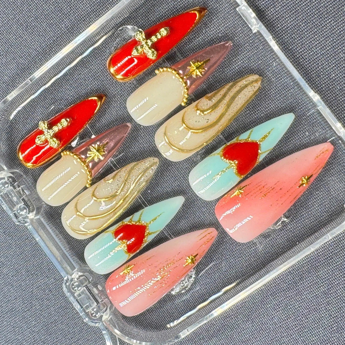 Elegant Marble Press-On Nails – Trendy Neutral Tones with Gold Flecks – Handmade Nail Art Set