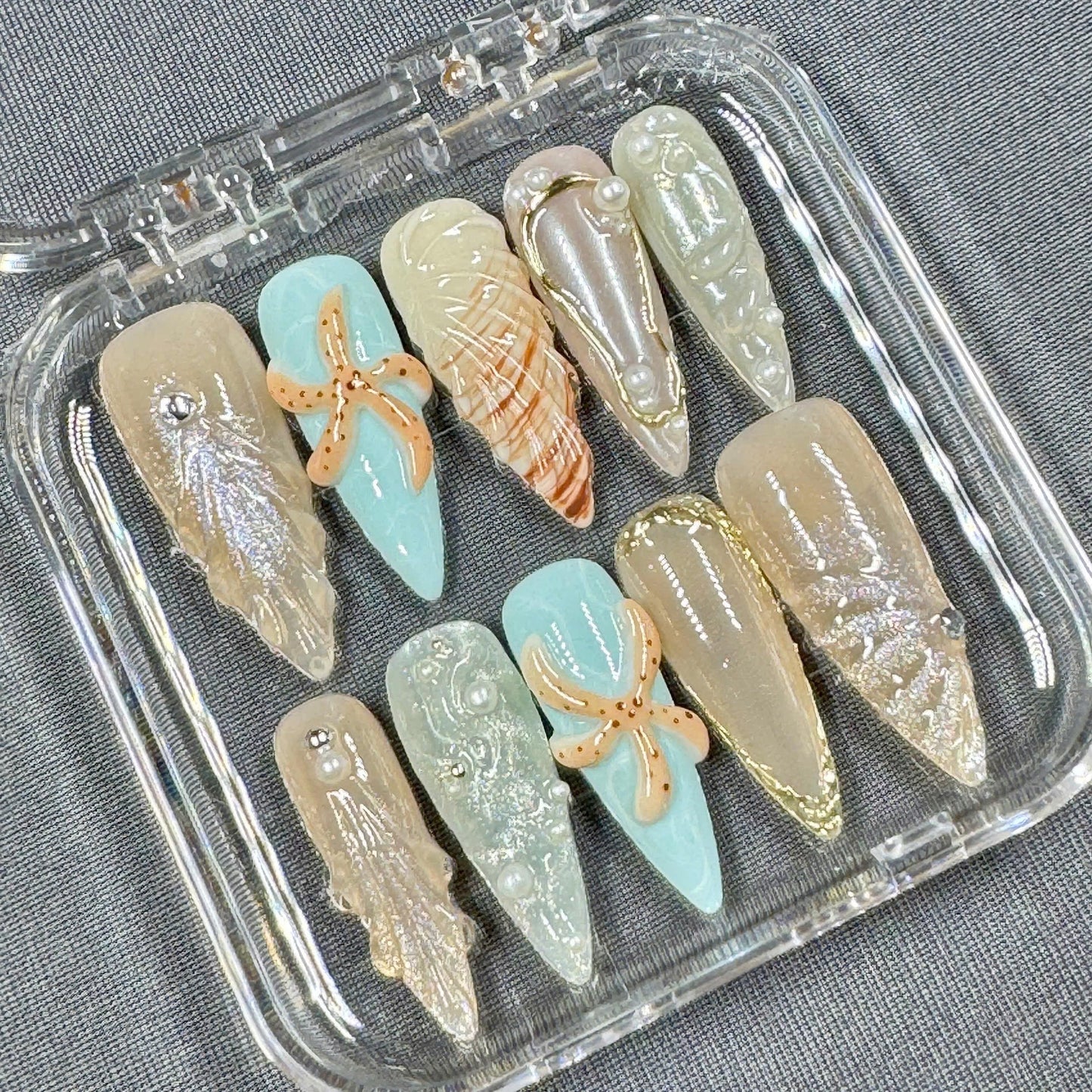 Seashell Dreams Press-On Nails – 3D Starfish, Pearls and Ocean Textures in Nude & Aqua | Handmade Nails for Beach Trips or Summer Vibes