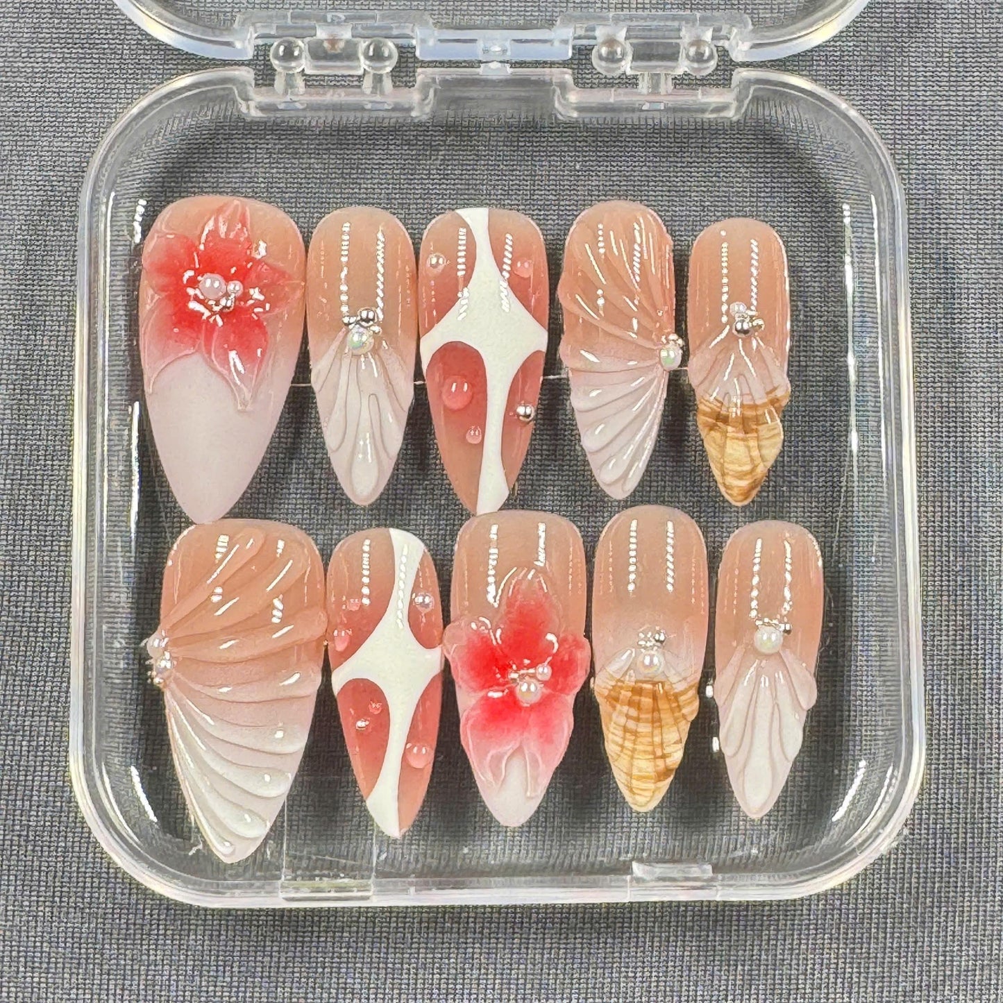 Blush Bloom Shore Press On Nails – Nude Pink with Shell Texture & 3D Flower Accents | Gift for Her