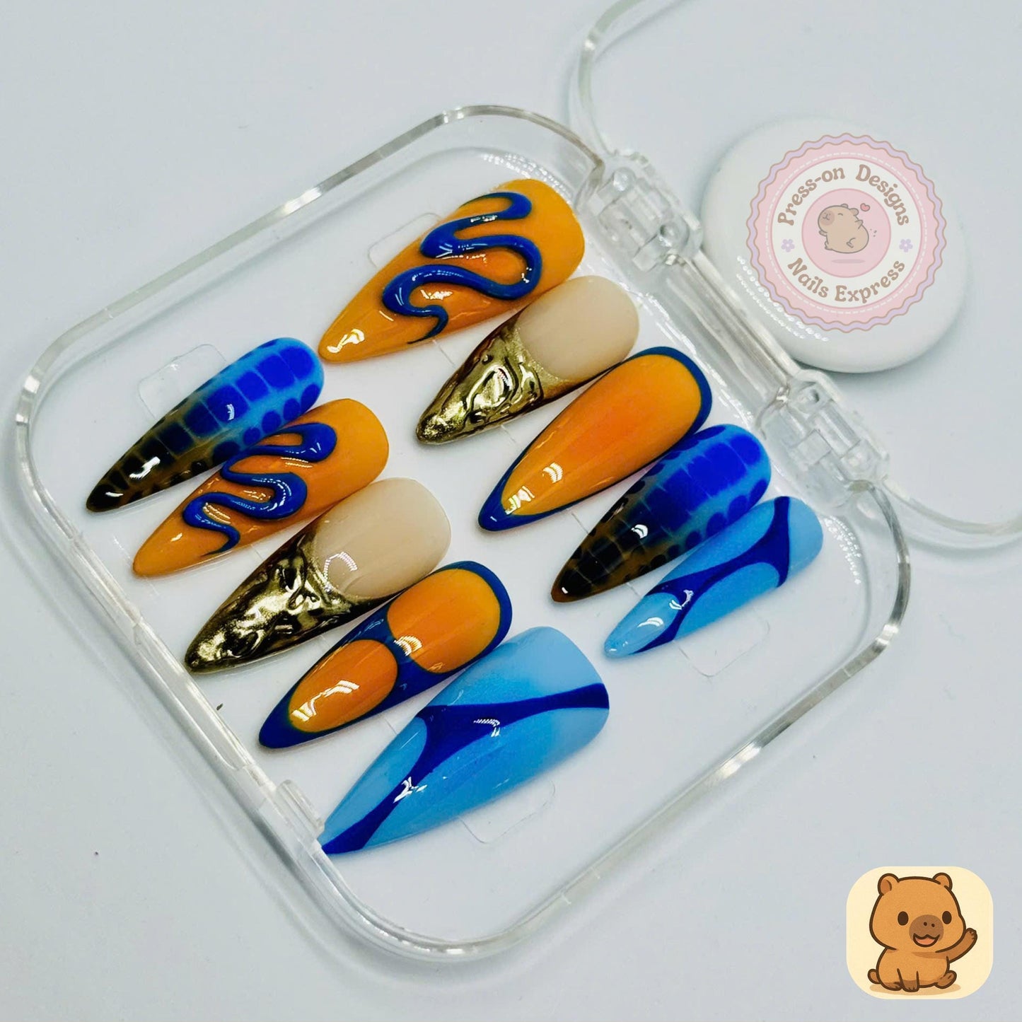 Sunset Wave Press-On Nails – Long Almond Blue & Orange Nail Art with Gold Chrome Accents Gift for Her