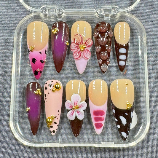Custom Almond Press On Nails – Hand Drawn Punk Style Art with 3D Flowers and Chrome Accents | Gift for Her