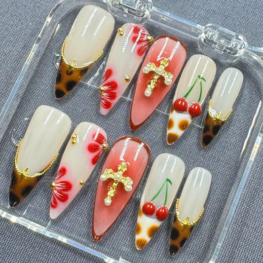 Pastel Floral Press-On Nails – Hand-Painted Summer Garden Design – Reusable Gel Nail Set