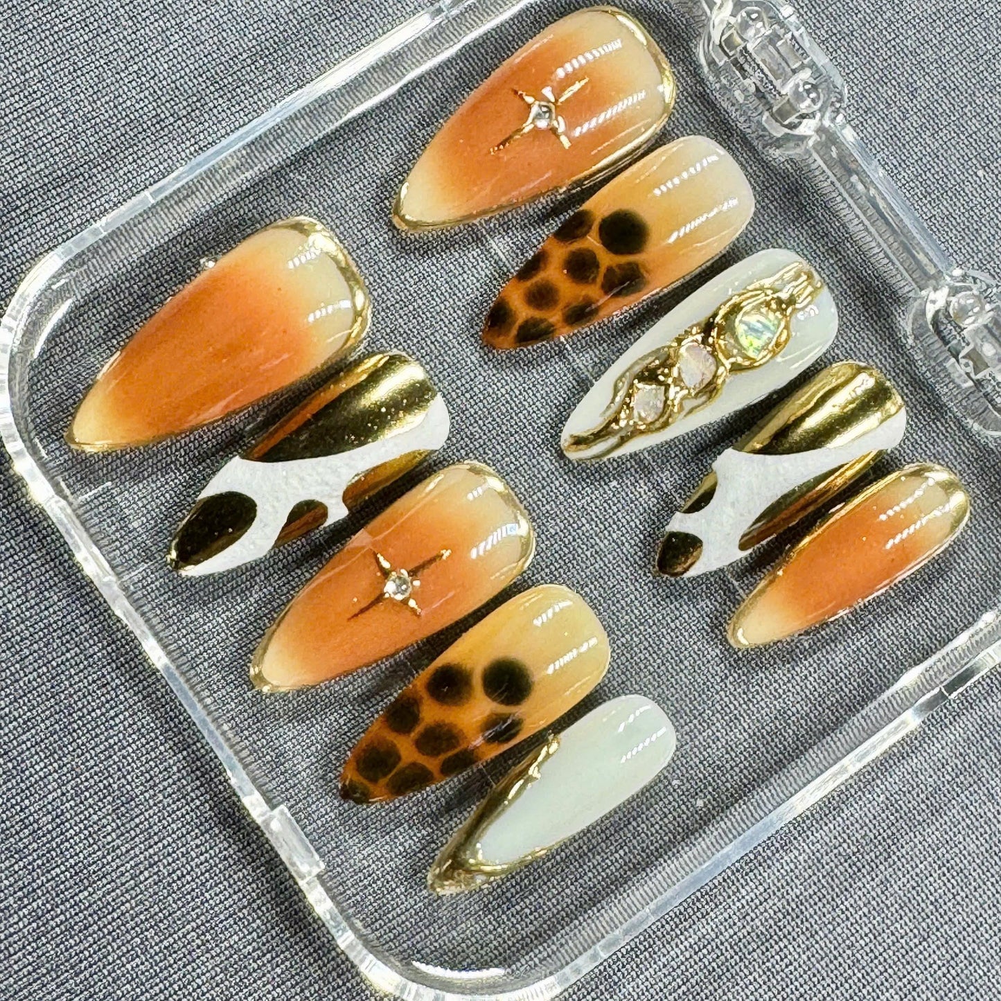 Wild Luxe Press On Nails – Ombre Amber Leopard Nails with Gold Chrome Accents | Gift for Her