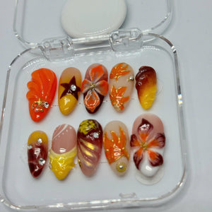 Autumn Blaze Press-On Nails – 3D Floral & Leaf Designs in Orange, Red Gold | Handmade Nails for Fall, Thanksgiving, or Gift for Her