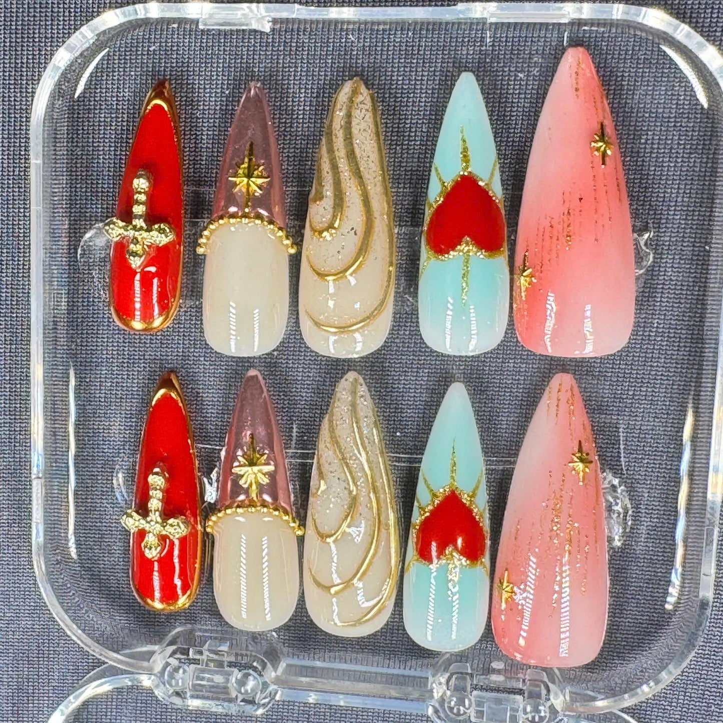 Elegant Marble Press-On Nails – Trendy Neutral Tones with Gold Flecks – Handmade Nail Art Set