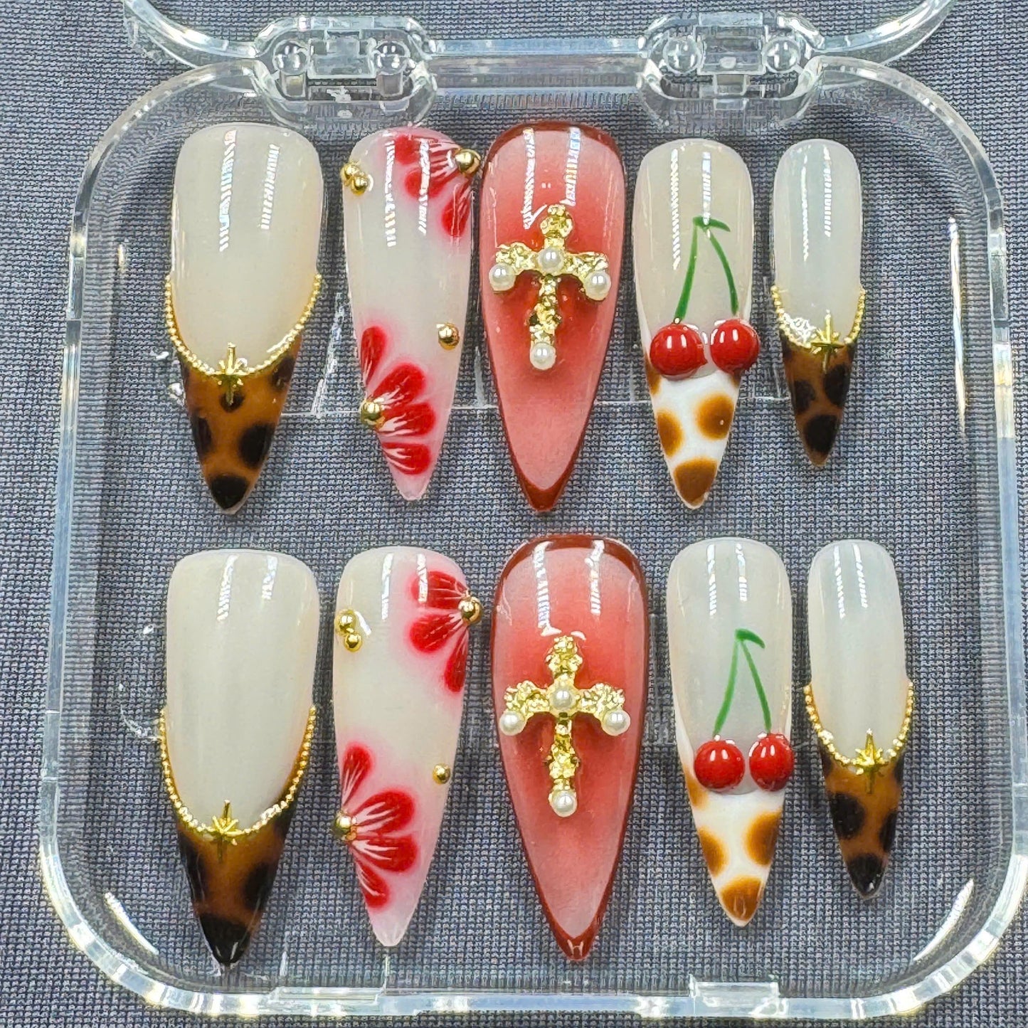 Pastel Floral Press-On Nails – Hand-Painted Summer Garden Design – Reusable Gel Nail Set