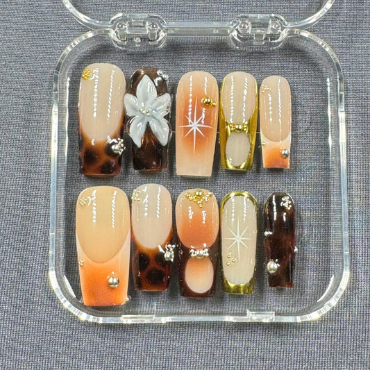 Golden Mocha Press On Nails – Tips with Gold Accents and 3D Flower Detail | Gift for Her